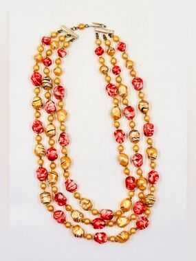 Vintage Stamped HONG KONG Triple-Strand Red & Gold Beaded Necklace 16”